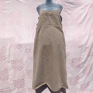 Vintage Cotton Twill Overall Bib Dress Large Tan Y-Back Utility Jumper Gorpcore